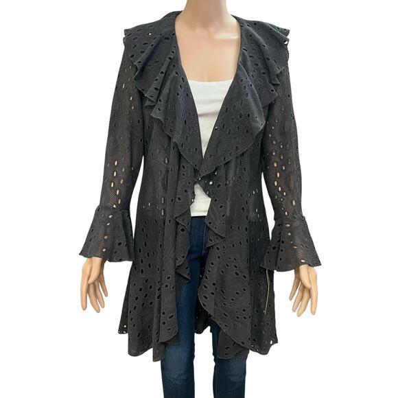 IC By Connie K Open Knit Jacket Large Mid Length Lagenlook Ruffle Bell Sleeve - Picture 1 of 8